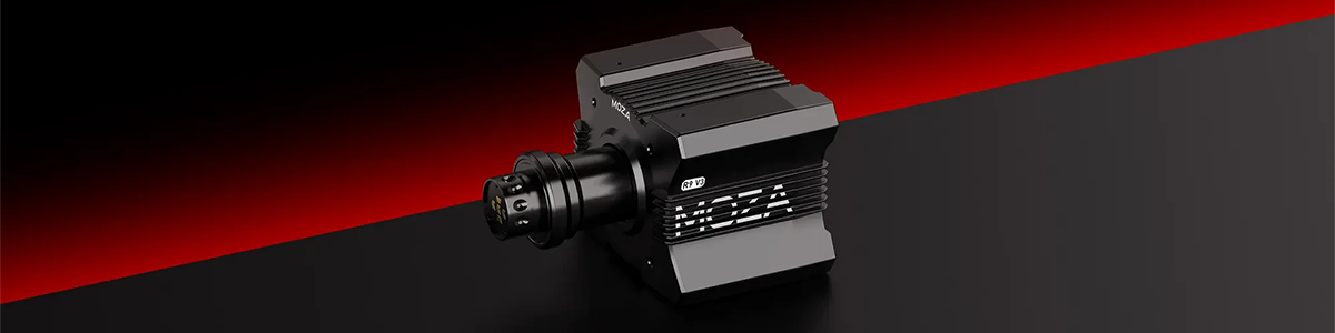 Top left angle of R9 V3 wheel base with black and red gradient diagonal background.