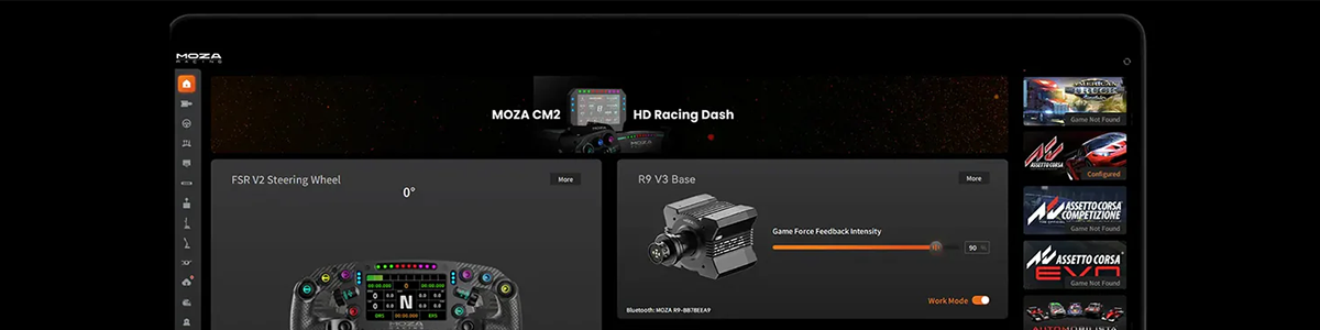 Pit House software interface showing settings for MOZA steering wheel and wheel base.