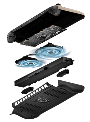 MSI Claw components exploded out from top to bottom, highlighting Cooler Boost technology.