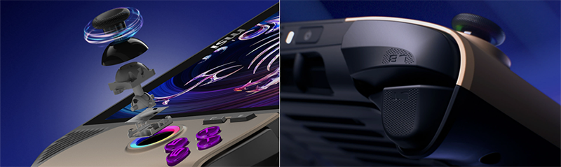 Split view of MSI Claw, left half showcasing analogue stics, right half showing triggers.