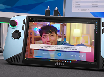 MSI Claw with Copilot on-screen, translating a video in real-time.