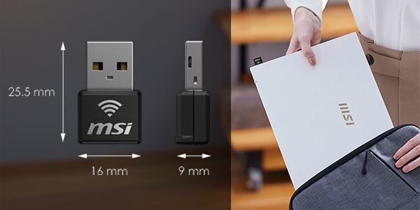 AX1800 Nano WiFi adapter in a laptop that's being inserted into a carry case, highlighting compact design.