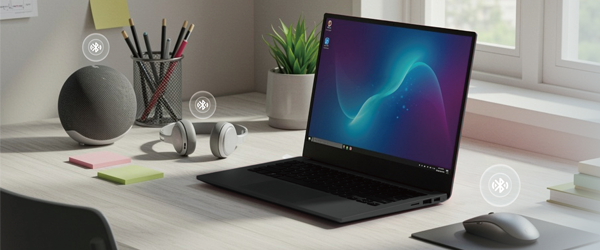 Home office corner desk with Bluetooth devices on top.