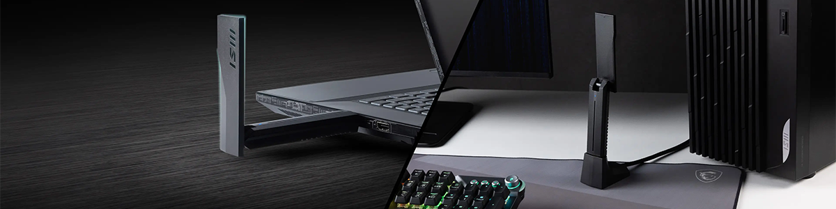 Dual scenarios of BE6500 WiFi 7 adapter plugged into a laptop and into a PC. 