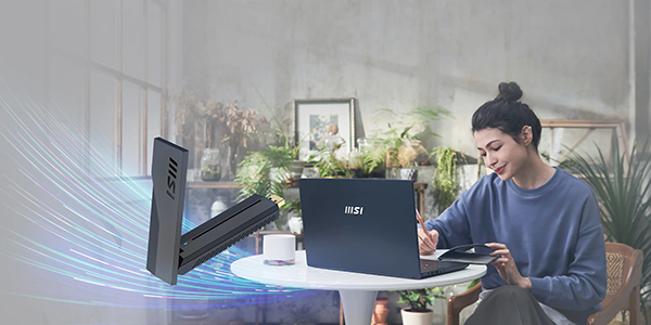 BE6500 WiFi 7 adapter overlaying scene of woman working on a laptop in a floral home office.