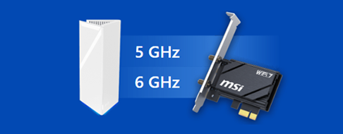 MSI Herald WiFi7 PCIe adapter beside a WiFI7 router with 5Ghz and 6Ghz written between the two.