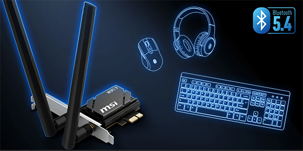Bluetooth 5.4 technology highlighted with Herald PCIe WiFI7 adapter infront of blue outline of mouse, keyboard and headphones.