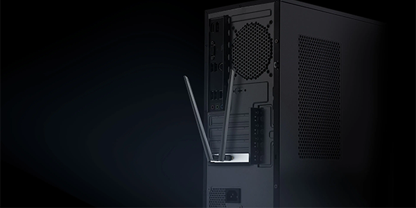 Rear angle of PC wioth Herald WiFi7 PCIe card attached.