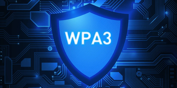 Shield graphic infront of circuit board, highlighting WPA3 security.