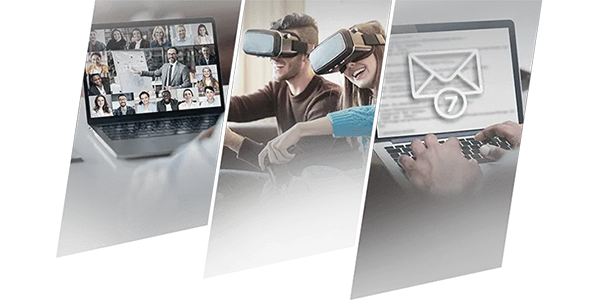 Lifestyle images of gaming, video conferencing and emailing.