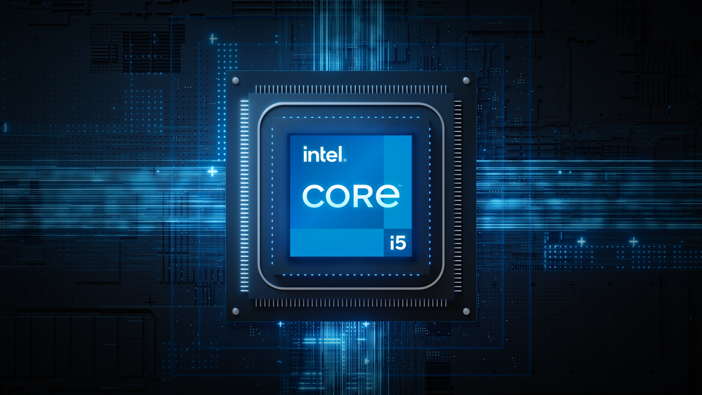 Intel Core i5 sat in-socket on a motherboard with data and energy flowing in and out of the processor