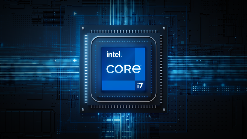 Intel Core i7 sat in-socket on a motherboard with data and energy flowing in and out of the processor