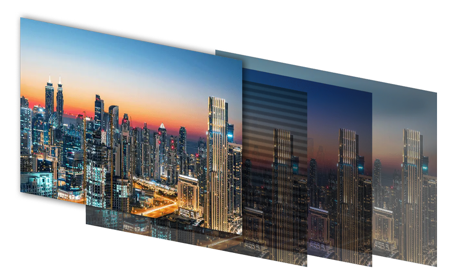 City skyline with balanced colour, smooth gradients and no flickering