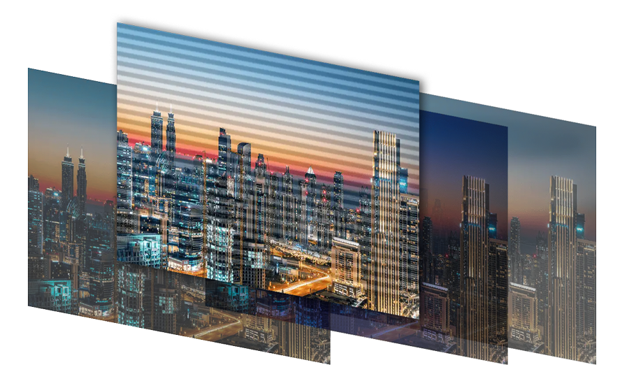 City skyline with balanced colour, smooth gradients, but with a flickering effect