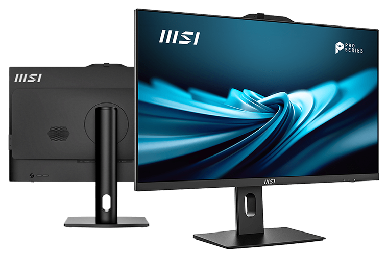 MSI Pro AP242P 14M All-in-One showing a front and rear view showing the display and the stand