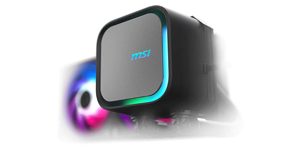 Cooling pump with RGB lighting on the MSI logo and the inner edge, with RGB fans behind.