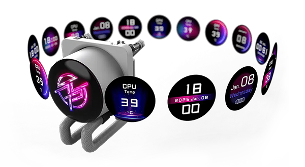 2.1-inch MPG CORELIQUID P13 LCD screen with illustration of screen modes circled around it to highlight personalisation