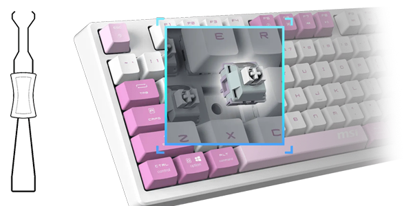 Switch detached from the Forge keyboard, highlighting easy to change switches.