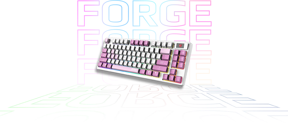 Angled Forge keyboard with FORGE artwork in the background.