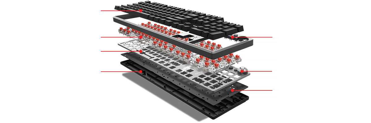 Keyboard split into layers to reveal internal components