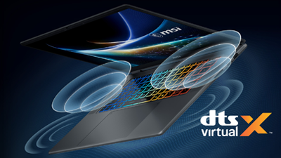 MSI laptop with DTS Virtual:X audio visualisation and surround sound waves.