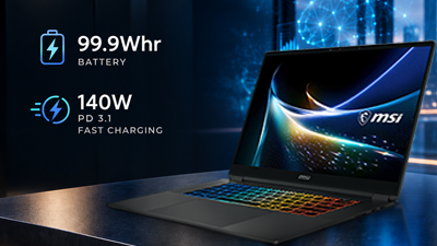 99.9Whr and 140W PD 3.1 fast charging text beside laptop on a desk.