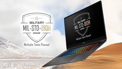 Military MIL-STD-810H graphic next to laptop with desert and snow background.