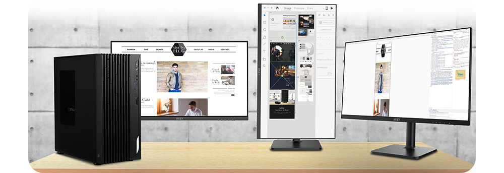 Image of the mini PC on a desk with three monitors connected