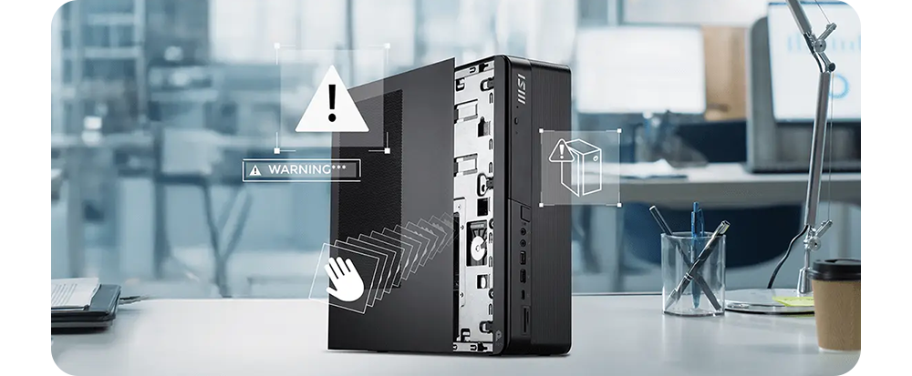 Image of the mini PC on a desk with the side panel open with warning icons around it