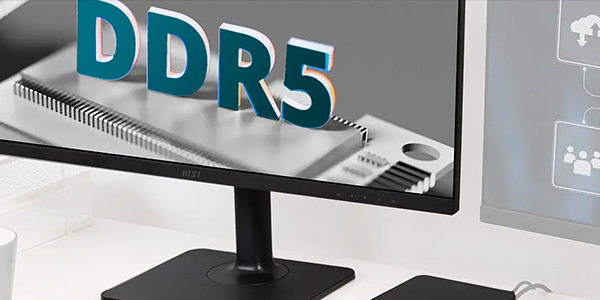 MSI monitor with DDR5 on-screen with MSI Cubi mini-pc next to the monitor.