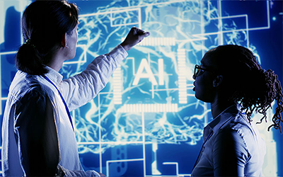 Scientists interacting with a futuristic AI screen to highlight enterprise use.