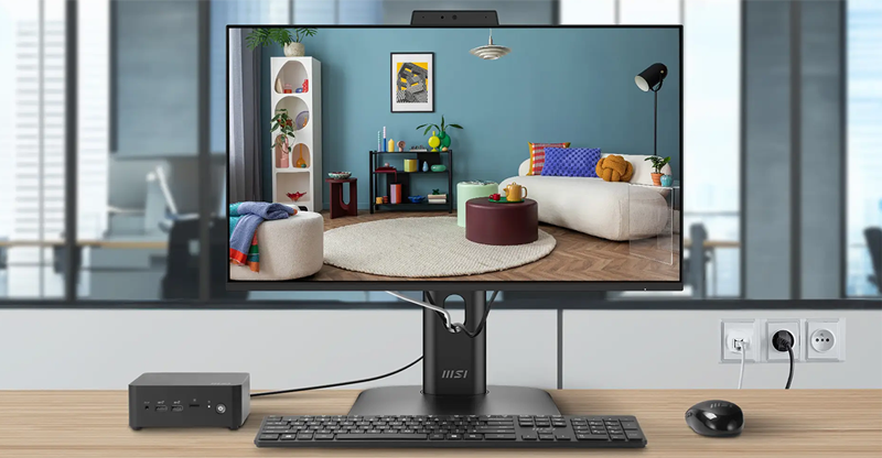 Cables threading through stand connecting to wall outlets and NUC