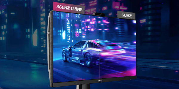Gaming monitor with split screen showing 360Hz 0.5ms and 60Hz