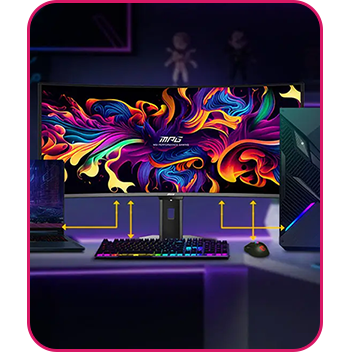 Image of the monitor on a desk surrounded by gaming peripherals