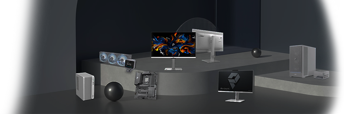 Key visual PRO MAX monitor in the center of many MSI hardware/peripherals.