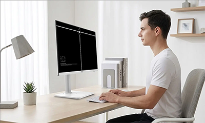 PRO MAX monitor assisting man in correcting his posture.