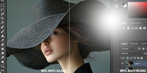 Female model wearing hat on photoshop, one half clear and one half overlaid with a screen-glare.