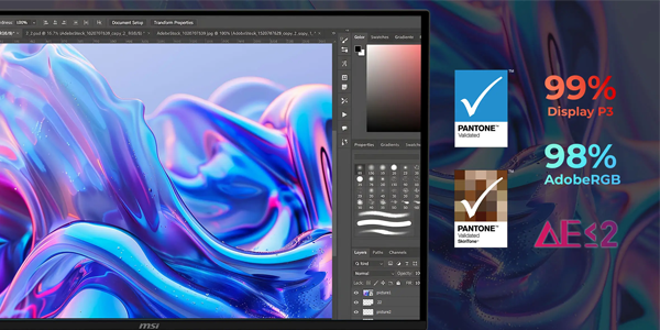 PANTONE certifications placed beside the PRO MAX monitor with photoshop on-screen.