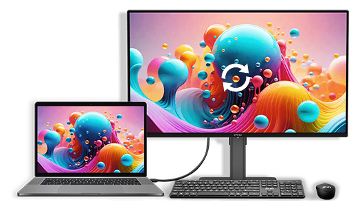 PRO MAX monitor connected to laptop via cable with sync icon on-screen.
