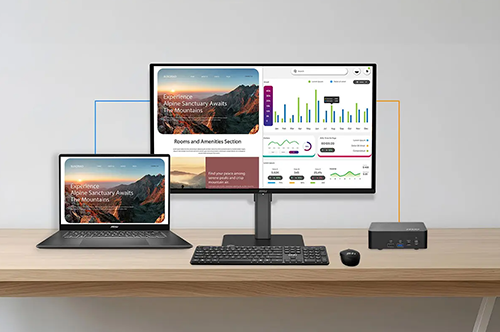 Monitor with lines connecting with a laptop and mini pc.