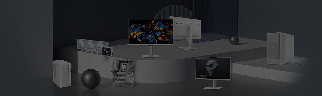 Family of MSI devices atop and beside a series of platforms with a grey theme.