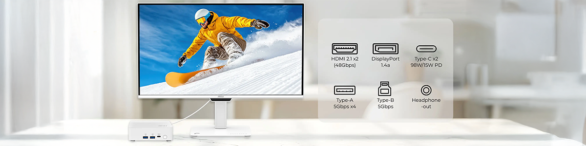 Monitor with connectivity options illustrated to the right.