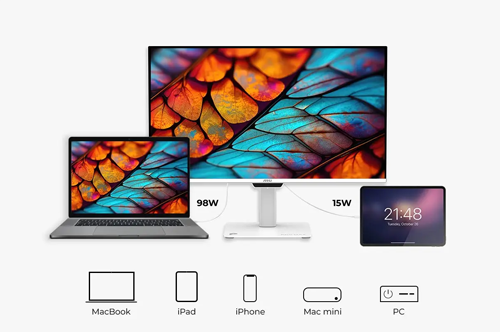 Monitor providing power to laptop and tablet.