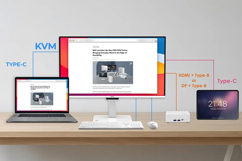 KVM functionality demonstrated with monitor connecting to laptop, mini pc and tablet.