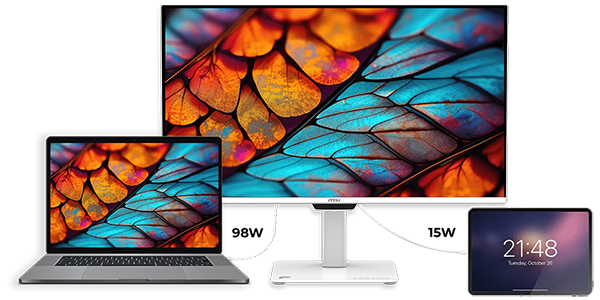 PRO MAX monitor charging laptop with 98 watts and a tablet with 15 watts of power.