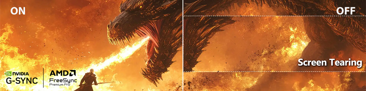 Fire-breathing dragon shown in a split-screen comparison, with sync technology on one side and off on the other, demonstrating screen tearing.