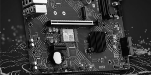 Lower view of motherboard, featuring audio