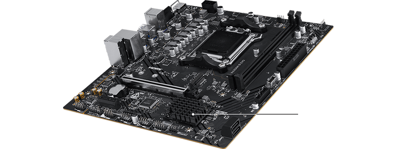 Angled PRO EVO motherboard with arrow pointing towards the chipset heatsink.