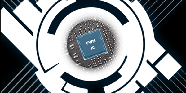 PWM IC chip on a circuit board.