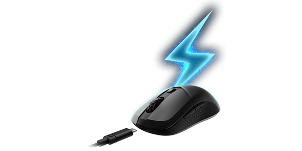 Lightning strike above VERSA 300 WIRELESS mouse to highlight powerful battery.